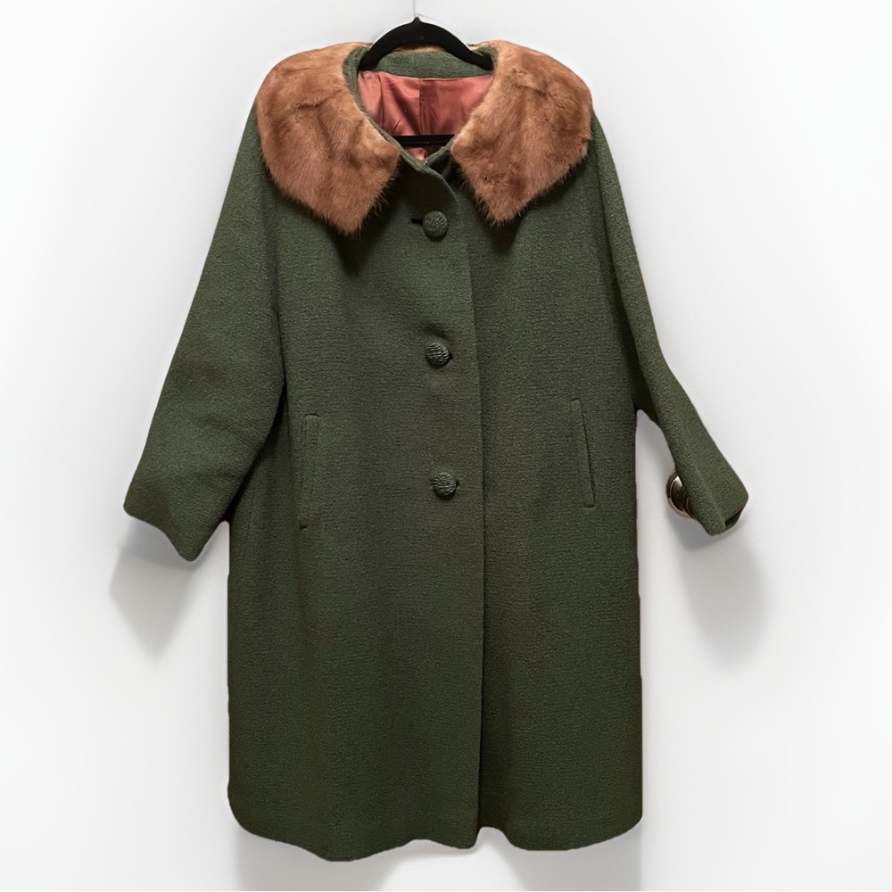 VTG 50/60s Carol Brent Green Coat‎ Fur Collar Stevens Hockanum Topaz MCM M/L